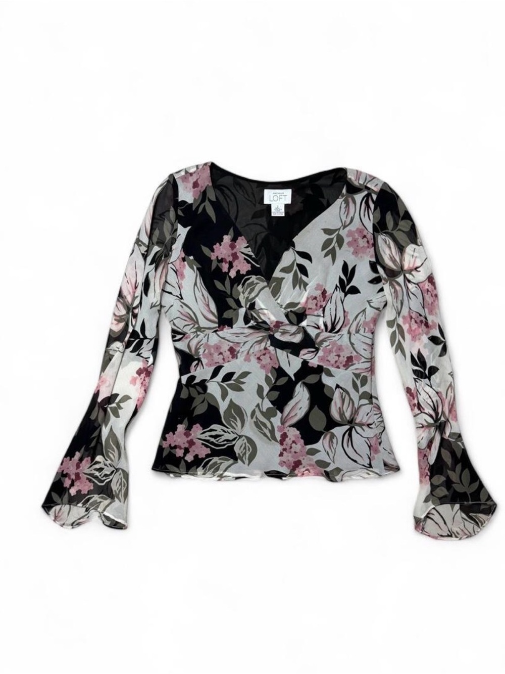 Ann Taylor LOFT 100% Silk Floral Blouse Size 2 Y2K Bell Sleeve Romantic
